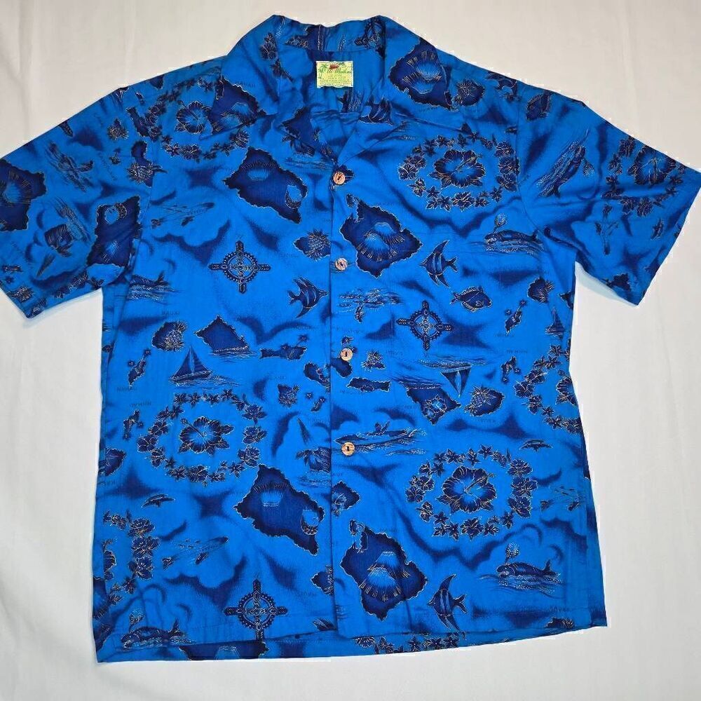VINTAGE UI-MAIKAI COTTON HAWAIIAN SHIRT BLUE GOLD ISLANDS MENS SIZE MEDIUM